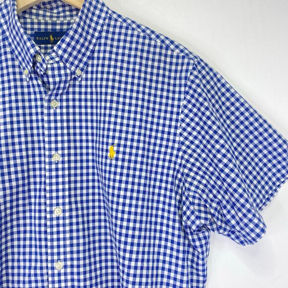 Ralph Lauren Blue Gingham Short Sleeve Button Down Oxford Shirt Mens XL Preppy - Picture 6 of 8